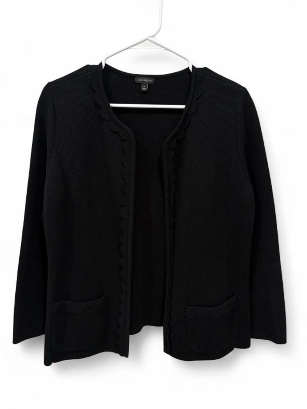 Talbots Scalloped Trim Black Cardigan Sweater Jacket Medium Pockets Preppy